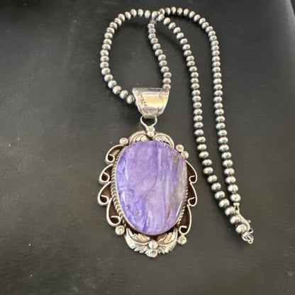 Navajo Purple Charoite Pendant with Pearls | Sterling Silver Necklace | Authentic Native American Handmade | 16654