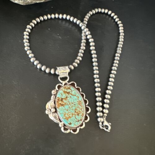 Navajo Blue #8 Turquoise Pendant Necklace | Sterling Silver Pearls | Authentic Native American Handmade | 15508