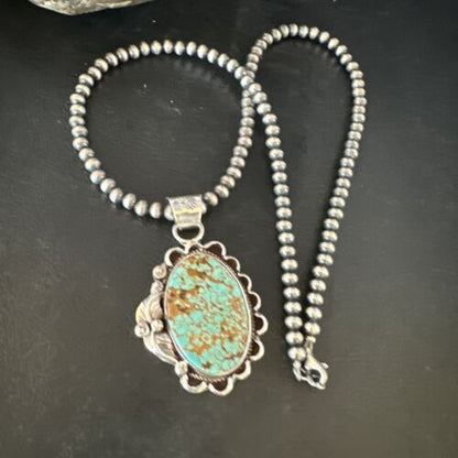 Navajo Blue #8 Turquoise Pendant Necklace | Sterling Silver Pearls | Authentic Native American Handmade | 15508