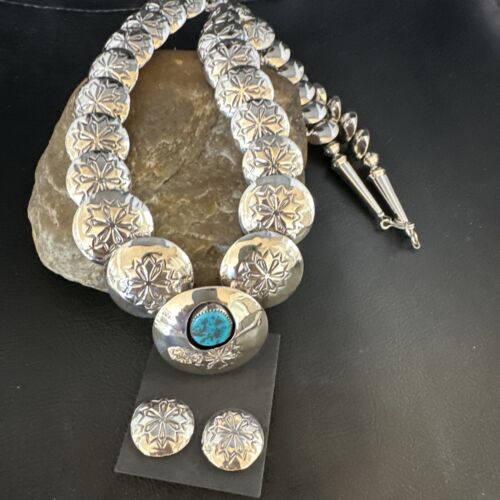 Navajo Sterling Silver Turquoise Pillow Stamped Bead Necklace Set | Authentic Native American Handmade | 15132