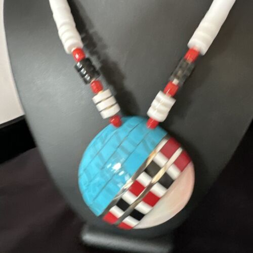 Navajo Shell Turquoise Coral Necklace | Sterling Silver | Stabilized | Inlay | 22" | Authentic Native American Handmade | 15323