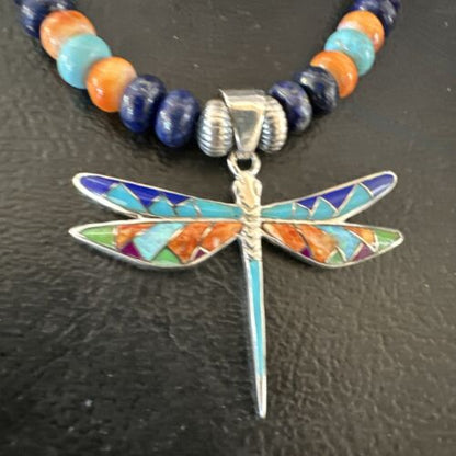 Navajo Dragonfly Pendant | Sterling Silver Turquoise Spiny Inlay MultiColor | Authentic Native American Handmade | 16634