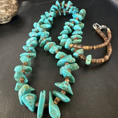 Navajo Blue Kingman Nugget Turquoise Necklace | Sterling Silver | 36" | Authentic Native American Handmade | 15286