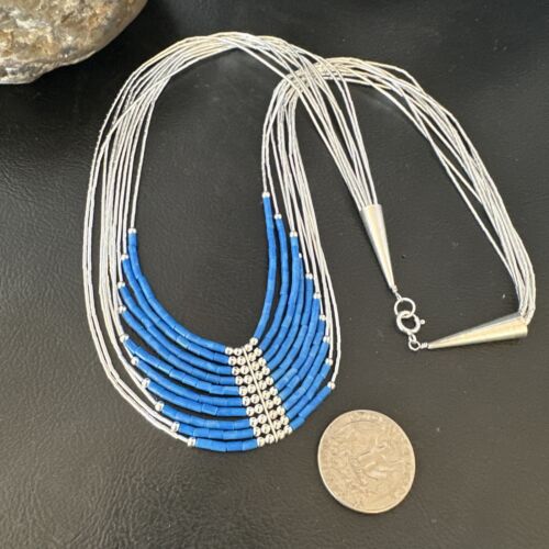 Navajo Denim Lapis Heishi Necklace | 10 Strand Sterling Liquid Silver Tube | 22" | 16319