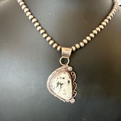 Navajo White Buffalo Turquoise Pendant Necklace | Sterling Silver Pearls | Authentic Native American | 17111