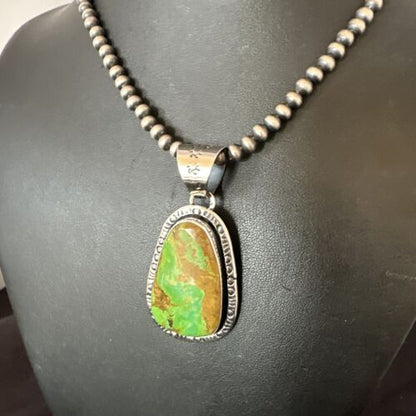 Navajo Green Gaspeite Pendant Necklace | Sterling Silver | Authentic Native American Handmade | 16359
