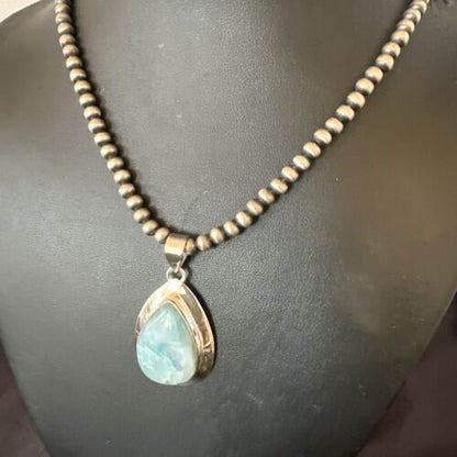Navajo Blue Larimar Pendant Necklace | Sterling Silver Beads | Authentic Native American Handmade | 17630