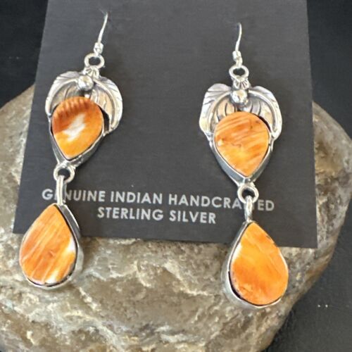 Navajo Orange Spiny Oyster Dangle Earrings | Sterling Silver | 1.5" | Authentic Native American Handmade | 16565