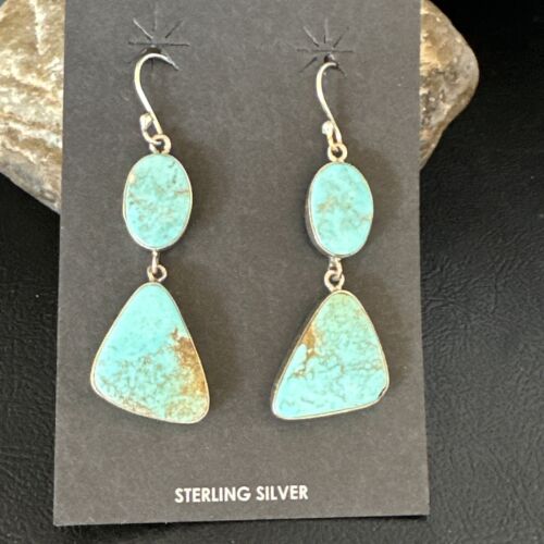 Navajo Blue Kingman Turquoise Dangle Earrings | Sterling Silver | Authentic Native American Handmade | 15124