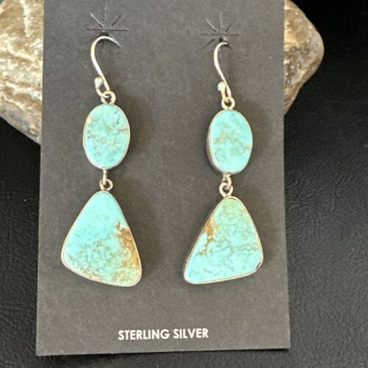 Navajo Blue Kingman Turquoise Dangle Earrings | Sterling Silver | Authentic Native American Handmade | 15124