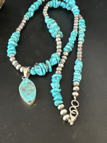 Navajo Kingman Turquoise Pendant Necklace | Sterling Silver | 22" | Authentic Native American Handmade | 14835