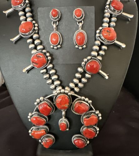 Red Coral Naja Pendant | Sterling Silver Squash Blossom Necklace & Earrings | Native American | 17048