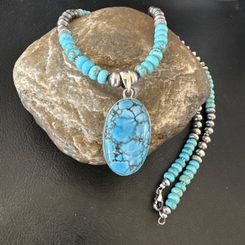 Men's Blue Spiderweb Turquoise Pendant Necklace | Navajo Sterling Silver | Authentic Native American Handmade | 16651