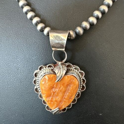 Navajo Orange Spiny Oyster Heart Pendant Necklace | Sterling Silver | Authentic Native American Handmade | 16294 - Masha USA