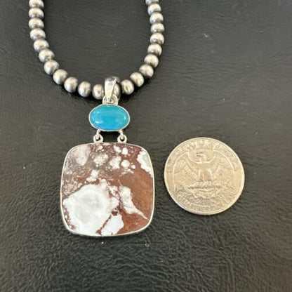 Men's Wild Horse Blue Kingman Turquoise Necklace | Sterling Silver SW Pendant | Multi-Stone | 17324