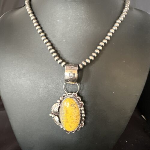 Navajo Bumblebee Jasper Pendant Necklace | Sterling Silver | Authentic Native American Handmade | 14984