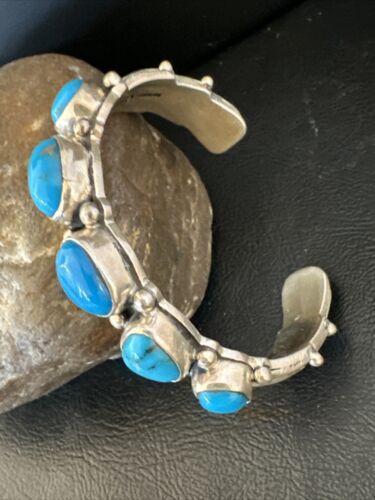 Navajo Blue Kingman Turquoise Cuff Bracelet | Sterling Silver | 5 Stone | Authentic Native American Handmade | 15988 - Masha USA