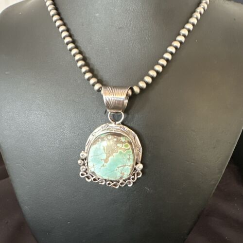 Women's Royston Turquoise Pendant Necklace | Navajo Pearls | Sterling Silver | Authentic Native American Handmade | 17065