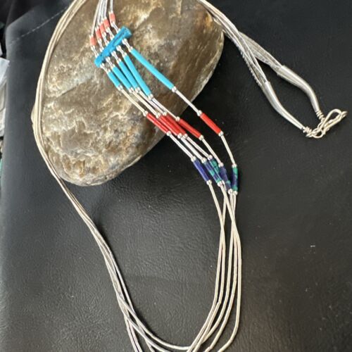 Multi-Color Liquid Silver Heishi 5-Strand Necklace | Sterling Tubes | 25" | 15055