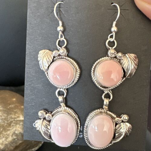 Navajo Pink Conch Shell Dangle Earrings | Sterling Silver | Authentic Native American Handmade | 17213