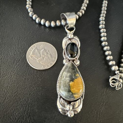 Men's Navajo Pearls Onyx Bumblebee Jasper Pendant | Sterling Silver | Multi-Stone Necklace | 15414