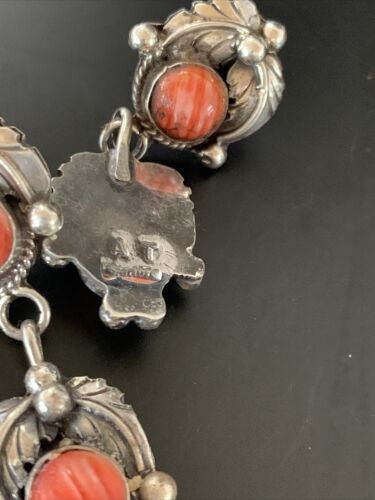 Southwestern Navajo Red Spiny Oyster Dangle Earrings | Sterling Silver | Authentic Native American Handmade | 16577