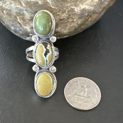 Navajo Green Royston Turquoise Multi-Stone Ring | Authentic Native American Sterling Silver | Sz 10.5 | 16722