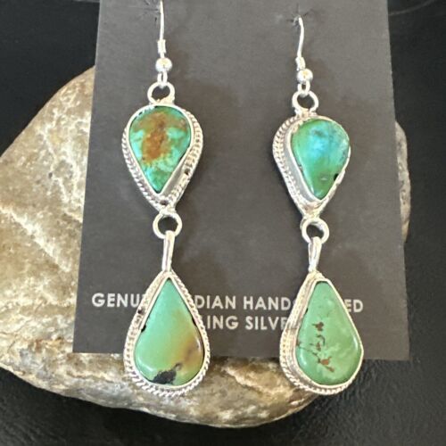 Navajo Green Royston Turquoise Dangle Earrings | Sterling Silver | Authentic Native American Handmade | 16492 - Masha USA