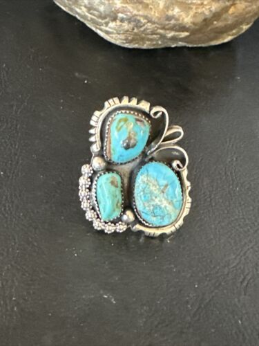 Navajo Blue Turquoise Cluster Ring | Authentic Native American Sterling Silver | Multi-Stone | Sz 8.5 | 14838