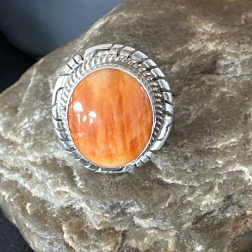 Navajo Orange Spiny Oyster Ring | Sterling Silver | Sz 7.5 | Authentic Native American Handmade | 16029