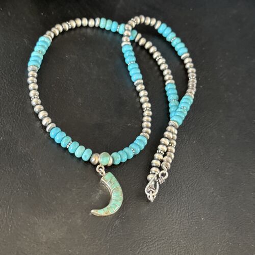Navajo Blue Turquoise Inlay Pendant | Sterling Silver Necklace | Authentic Native American Handmade | 15422