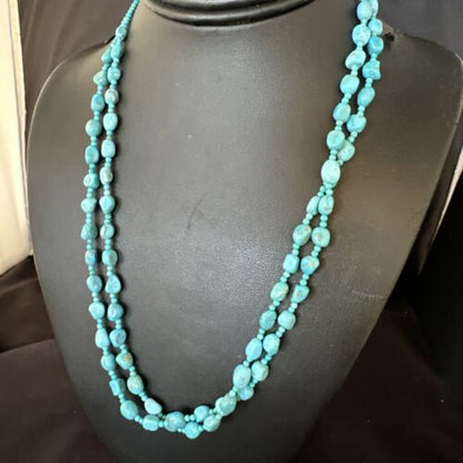 Navajo Blue Nugget Turquoise Necklace | 2 Strand | Sterling Silver | 20" | Authentic Native American Handmade | 15342