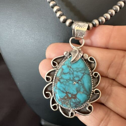Men's Blue Kingman Turquoise Pendant Necklace | Navajo Pearls | Sterling Silver | 16017