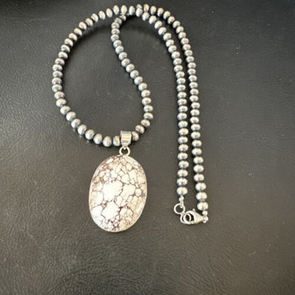 Wild Horse Turquoise Pendant Necklace | Navajo Pearls | Sterling Silver | Authentic Native American Handmade | 15720