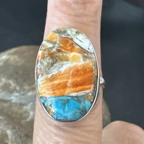 Navajo Blue Turquoise Orange Spiny Oyster Ring | Sterling Silver | Sz 8 | Authentic Native American Handmade | 16621