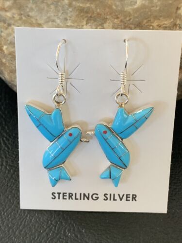 Navajo Blue Turquoise Hummingbird Earrings | Sterling Silver | 1" | Authentic Native American Handmade | 01424