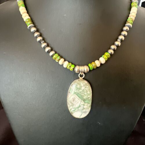 Navajo Green Turquoise Jasper Pendant Necklace | Sterling Silver | Native American Handmade | 16924