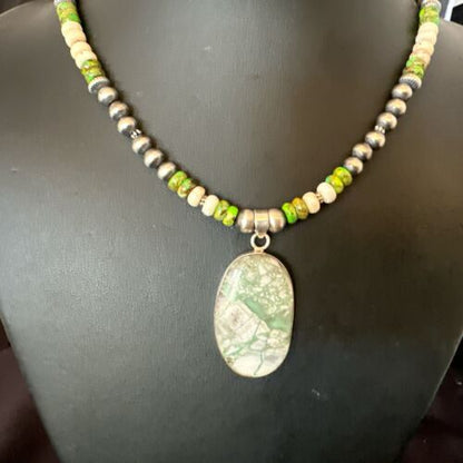 Navajo Green Turquoise Jasper Pendant Necklace | Sterling Silver | Native American Handmade | 16924
