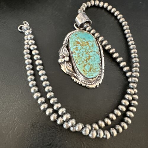Navajo Blue Turquoise #8 Pendant Necklace | Sterling Silver Pearls | Authentic Native American Handmade | 15905