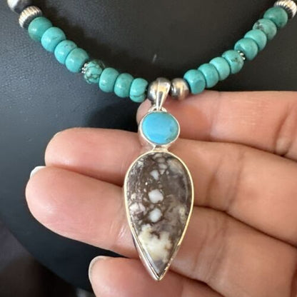 Navajo Wild Horse | Blue Kingman Turquoise Pendant Necklace | Sterling Silver | Native American Handmade | 17573