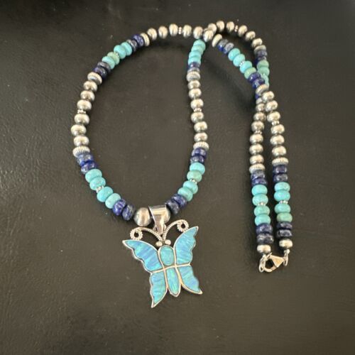 Navajo Opal Inlay Pendant Turquoise & Lapis | Sterling Silver Necklace | 16845