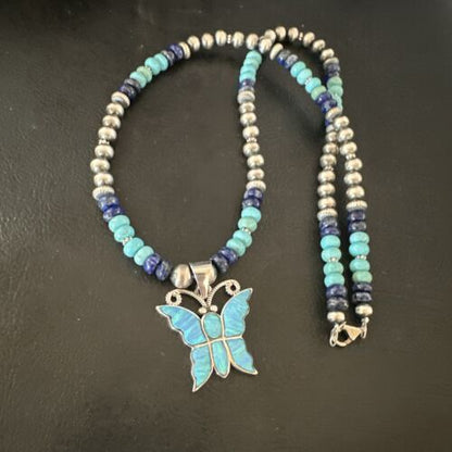 Navajo Opal Inlay Pendant Turquoise & Lapis | Sterling Silver Necklace | 16845