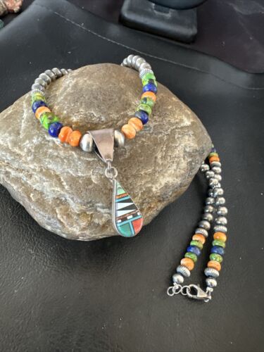 Navajo Spiny Oyster Turquoise Lapis Inlay Pendant Necklace | Sterling Silver | 21" | Authentic Native American Handmade | 16631