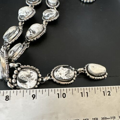 Navajo White Buffalo Turquoise Lariat Necklace | Sterling Silver | Authentic Native American Handmade | 17444