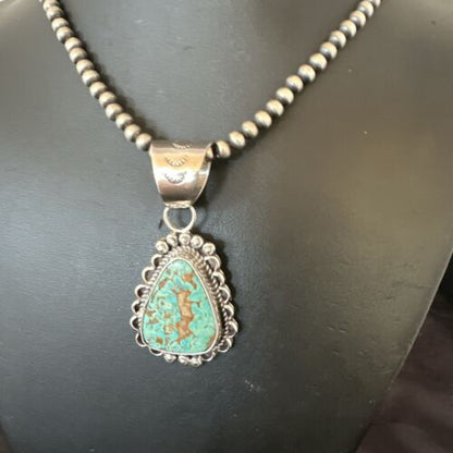 Women's Royston Turquoise Pendant Necklace | Navajo Pearls | Sterling Silver | Authentic Native American Handmade | 17062