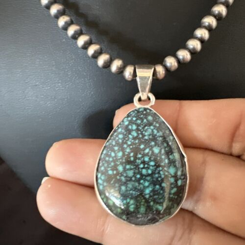Men's Navajo Blue Spiderweb Turquoise Pendant Necklace | Sterling Silver | Authentic Native American Handmade | 16224