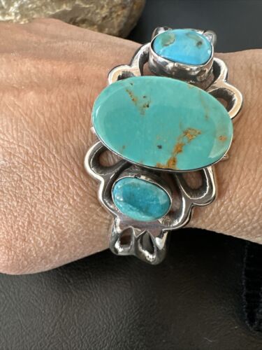 Kingman Turquoise Navajo Cuff Bracelet | Sterling Silver Tufa Cast | Authentic Native American Handmade | 16784 - Masha USA