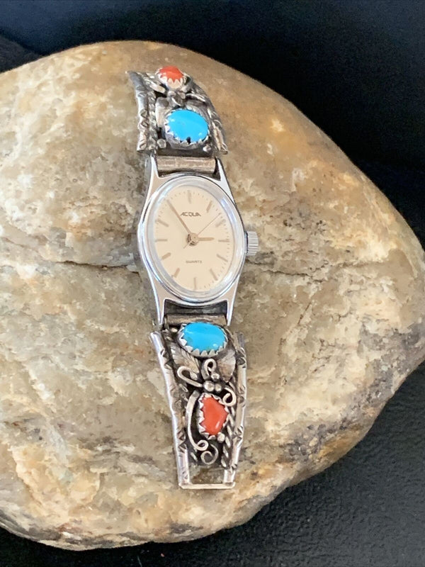 Vintage Navajo Sterling Silver Watch Tips | Old Pawn Turquoise & Coral Band | Authentic Native American Jewelry | 1441