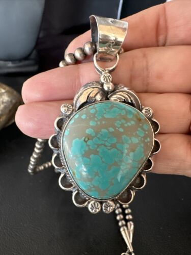 Navajo Pearls Sterling Silver Necklace with Blue Turquoise #8 Pendant | Authentic Native American Handmade | 14858