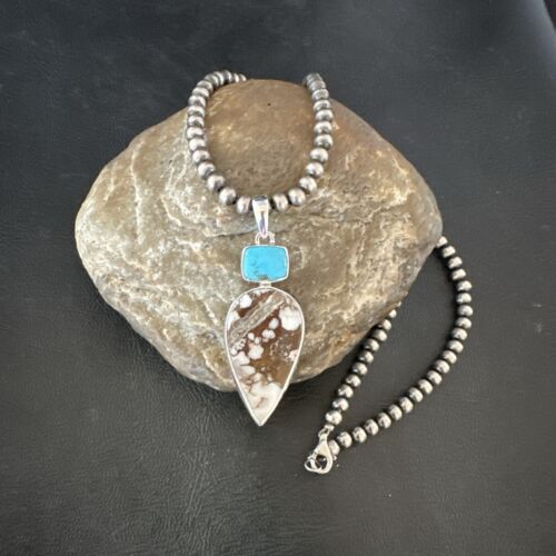 Navajo Wild Horse | Blue Kingman Turquoise Necklace | Sterling Silver | Authentic Native American Handmade | 17310